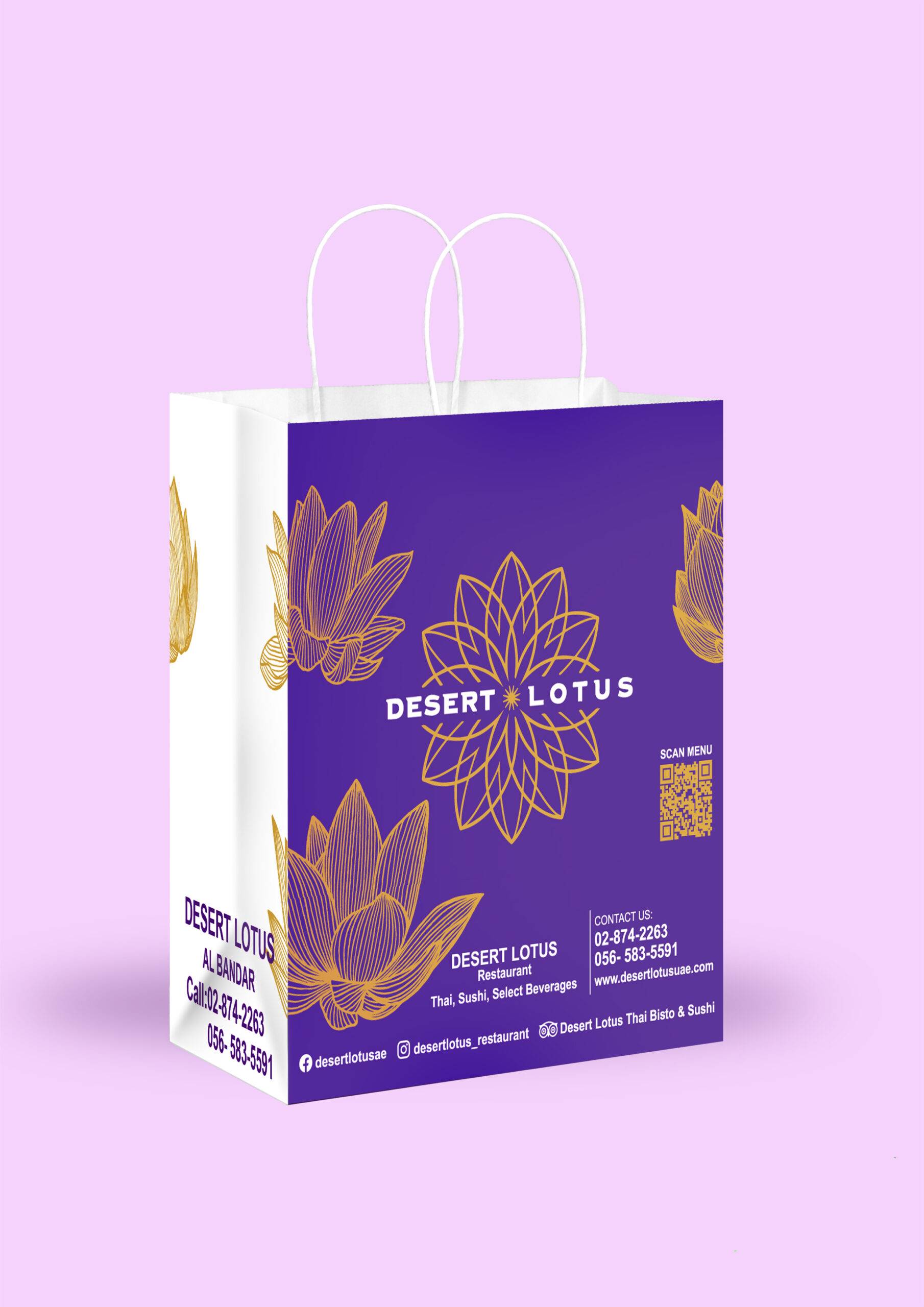 Eco-friendly brown paper bag with Desert Lotus branding and twisted handles