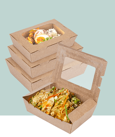 Eco-friendly paper food boxes with transparent windows, available in big and small sizes for food display and packaging.